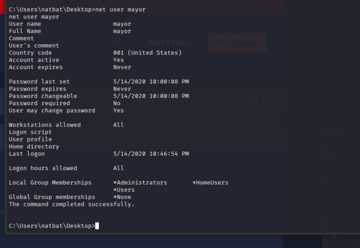net user mayor showing admin account with no password policy enforced